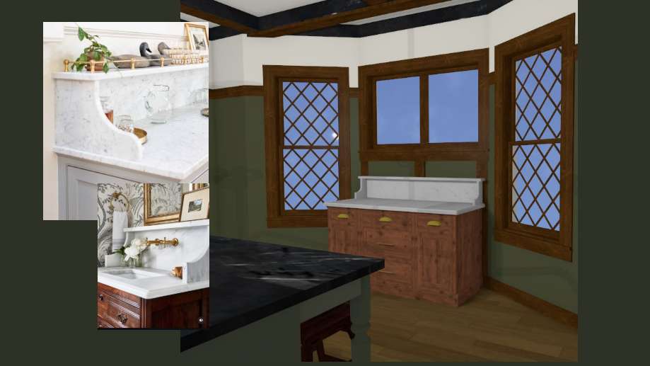 Kitchen design rendering of a wood baking station with marble countertops alongside inspiration photos.