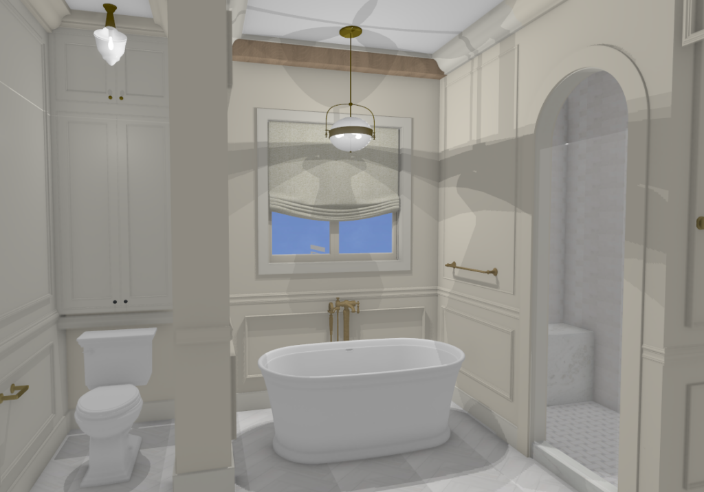 Rendering of bathroom with toilet, tub in front of a window, and shower.