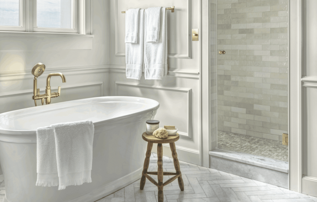 freestanding tub with tiled shower